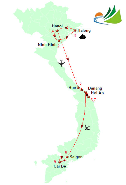 carte CIRCUIT VIETNAM 10 JOURS DU NORD AU SUD