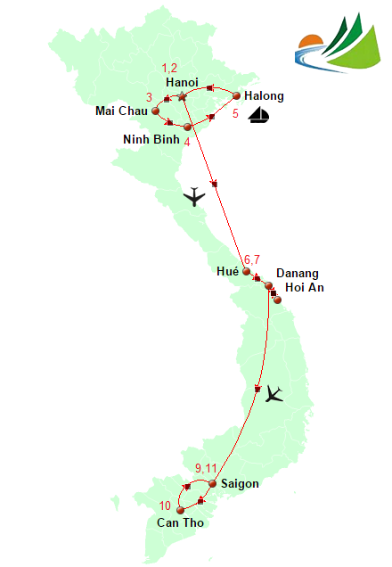 carte CIRCUIT VIETNAM 12 JOURS – VIETNAM CLASSIQUE