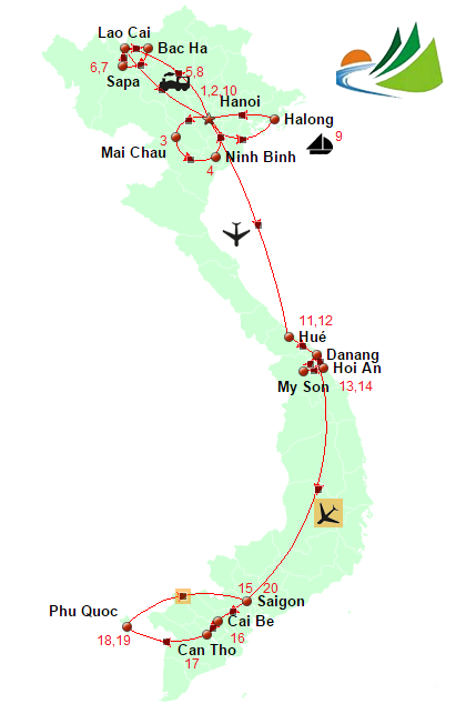 carte CIRCUIT VIETNAM 3 SEMAINES