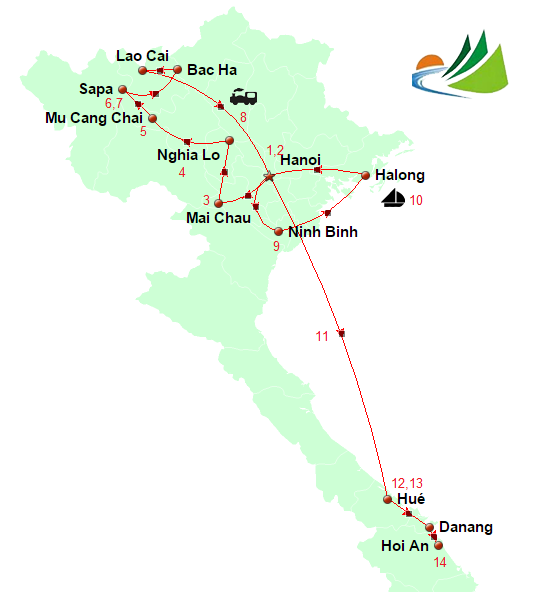 carte VOYAGE VIETNAM 18 JOURS – LES MEILLEURS DU VIETNAM