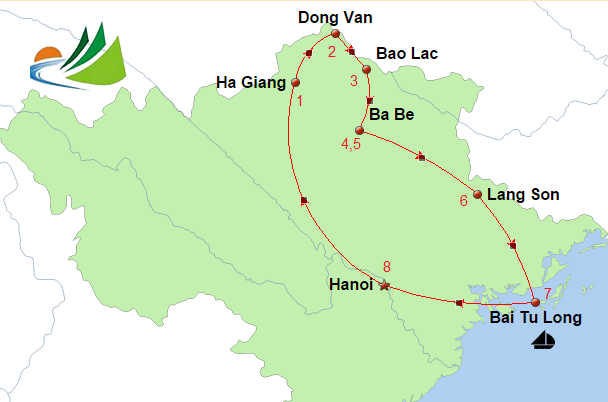 carte du CIRCUIT HA GIANG, BAO LAC, BA BE, BAIE TU LONG 8 JOURS