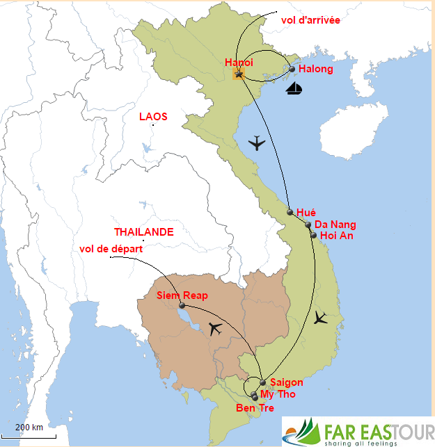 Carte du voyage combiné Vietnam Cambodge 2 semaines